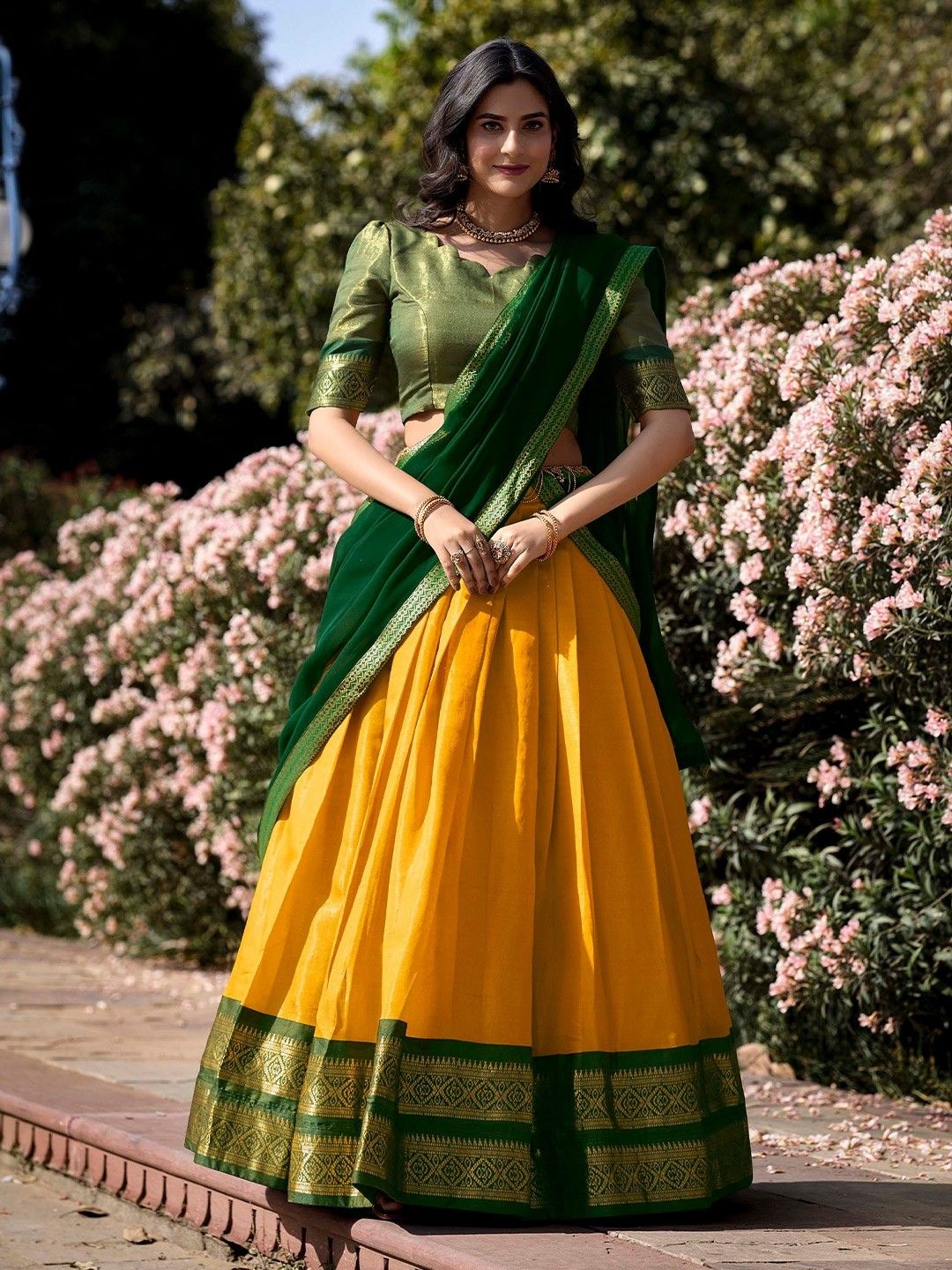 JATRIQQ Kanchipuram Silk Zari Ready to Wear Lehenga & Unstitched Blouse With Dupatta, Yellow
JATRIQQ Kanchipuram Silk Zari Ready to Wear Lehenga & Unstitched Blouse With Dupatta, Yellow