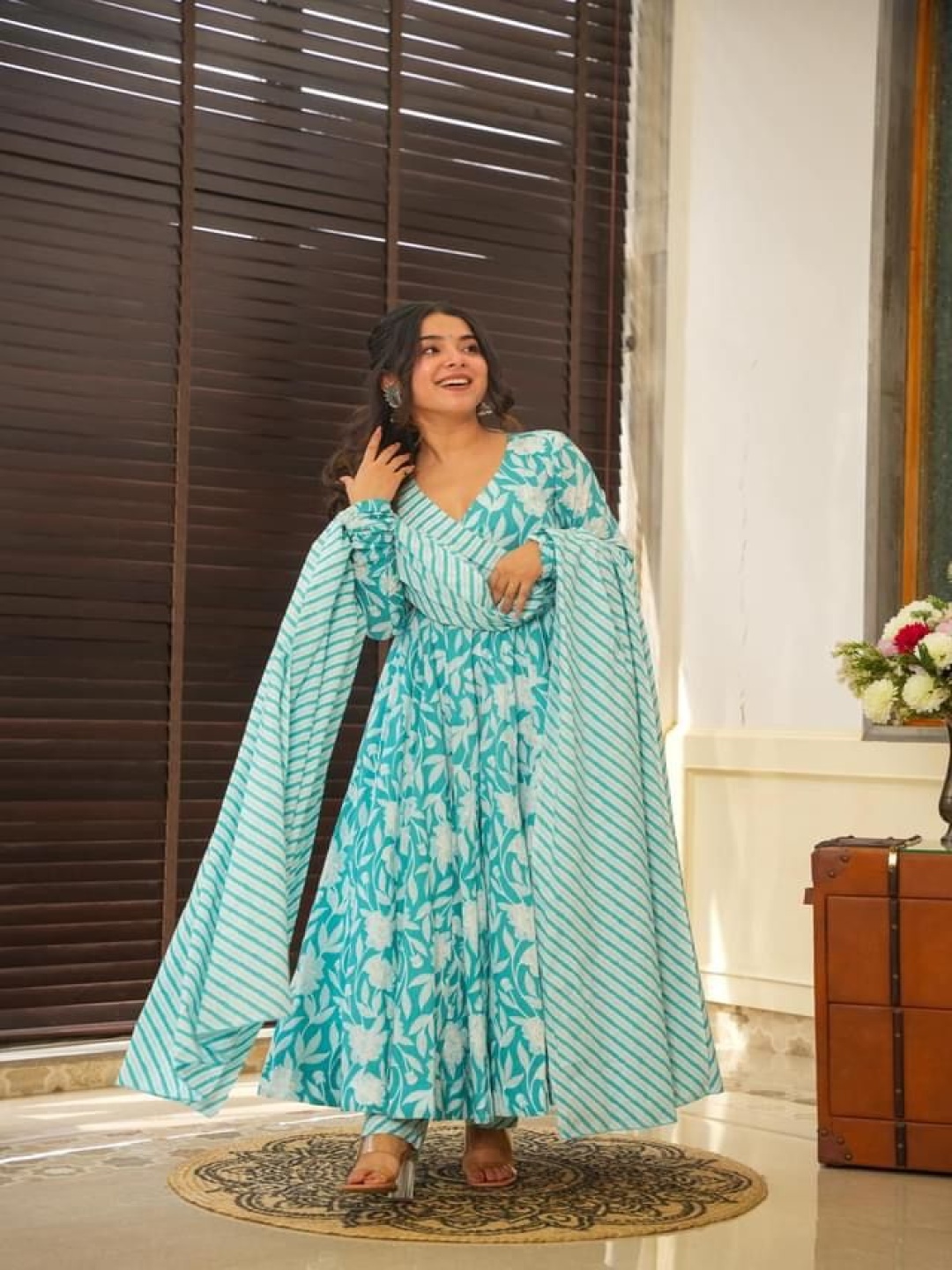 WHATNOT STYLE Floral Printed Angrakha Cotton Anarkali Kurta With Trousers & Dupatta, Teal
WHATNOT STYLE Floral Printed Angrakha Cotton Anarkali Kurta With Trousers & Dupatta, Teal