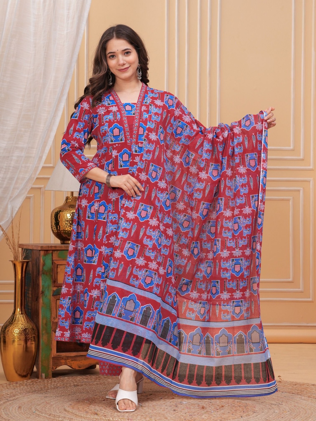 PARTHVI Ethnic Motifs Printed Pure Cotton Anarkali Kurta With Trouser & Dupatta, Red
PARTHVI Ethnic Motifs Printed Pure Cotton Anarkali Kurta With Trouser & Dupatta, Red
