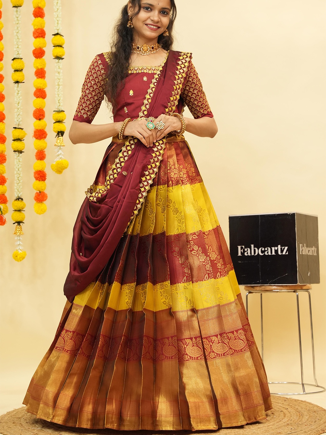 Fabcartz Embroidered Zari Semi-Stitched Lehenga & Unstitched Blouse With Dupatta, Yellow
Fabcartz Embroidered Zari Semi-Stitched Lehenga & Unstitched Blouse With Dupatta, Yellow