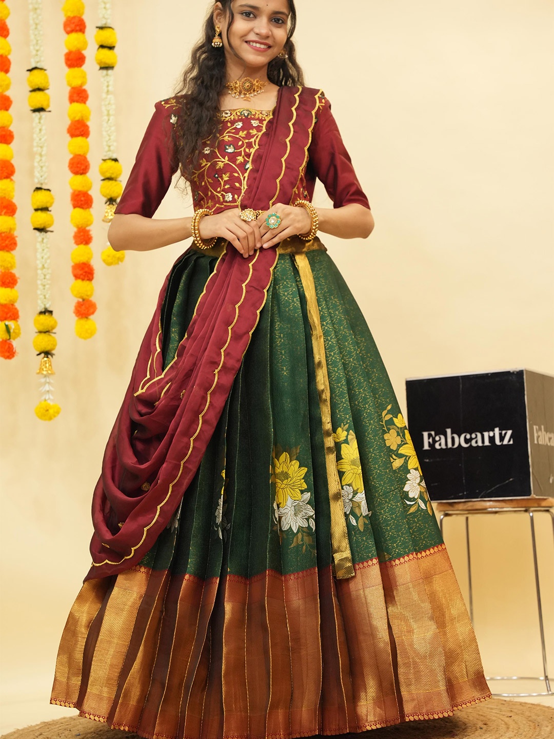 Fabcartz Floral Woven Design Zari Semi-Stitched Lehenga & Unstitched Blouse With Dupatta, Green
Fabcartz Floral Woven Design Zari Semi-Stitched Lehenga & Unstitched Blouse With Dupatta, Green