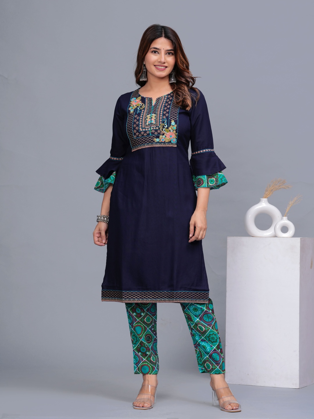 ROOPWATI FASHION Floral Yoke Design Mirror Work Bell Sleeves Straight Kurta With Trouser, Navy blue
ROOPWATI FASHION Floral Yoke Design Mirror Work Bell Sleeves Straight Kurta With Trouser, Navy blue