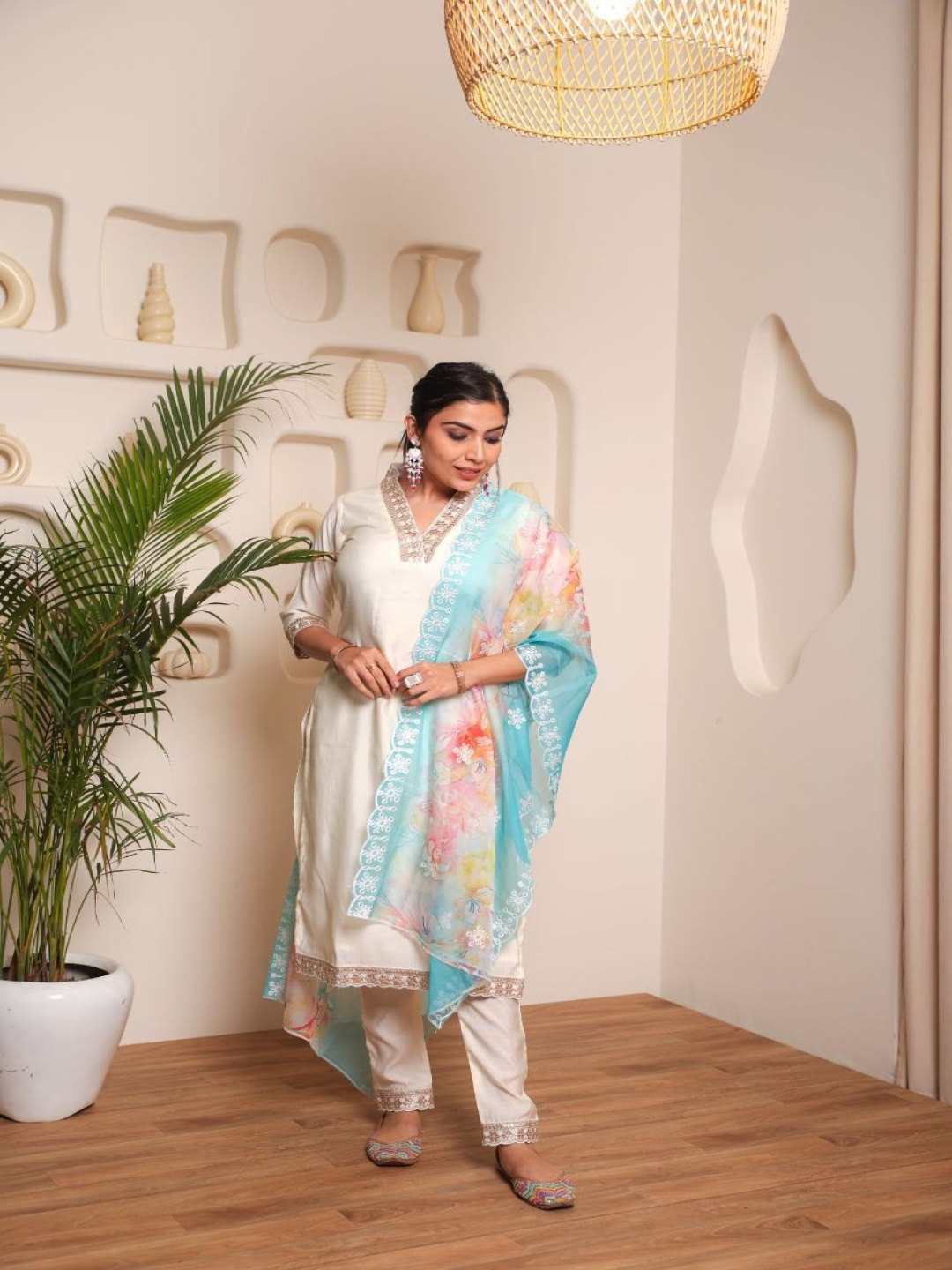 KALINI Floral Embroidered Sequinned Chanderi Cotton Straight Kurta With Trousers & Dupatta, White
KALINI Floral Embroidered Sequinned Chanderi Cotton Straight Kurta With Trousers & Dupatta, White