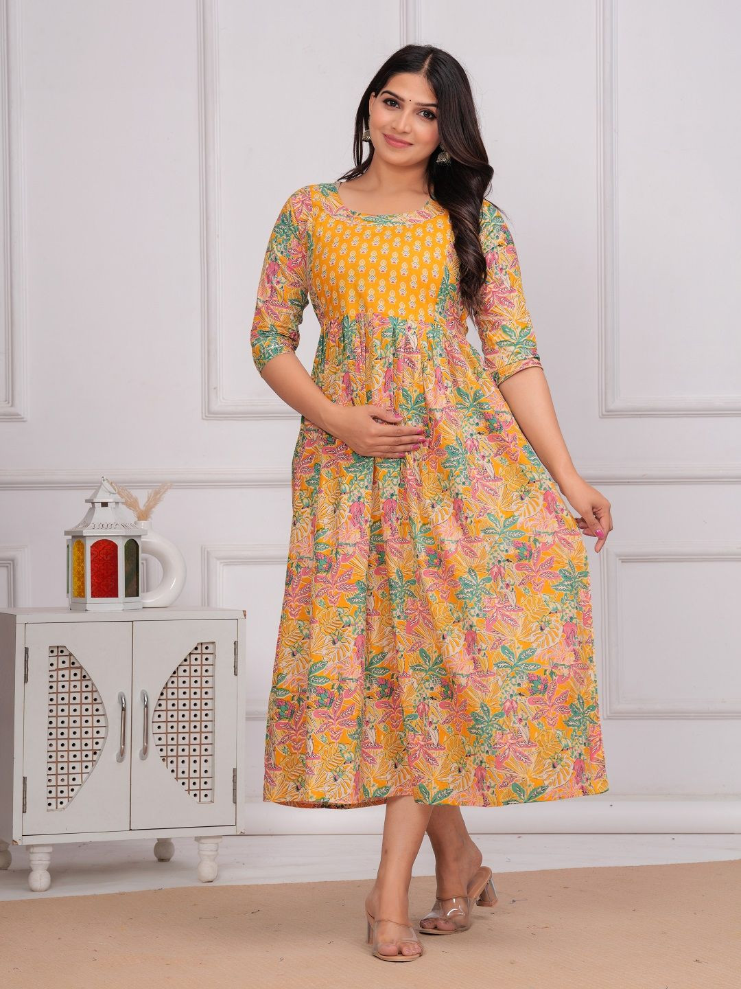 Nevisha Style Floral Printed Round Neck Maternity Concealed Zip Cotton Fit and Flare Dress, Yellow
Nevisha Style Floral Printed Round Neck Maternity Concealed Zip Cotton Fit and Flare Dress, Yellow