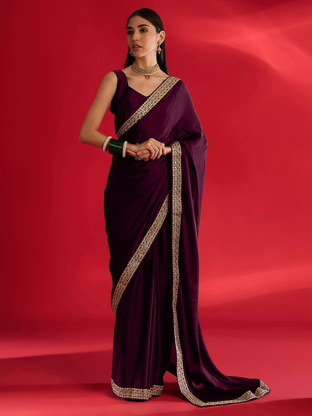 Mitera Embroidered Satin Saree, Magenta 
Mitera Embroidered Satin Saree, Magenta