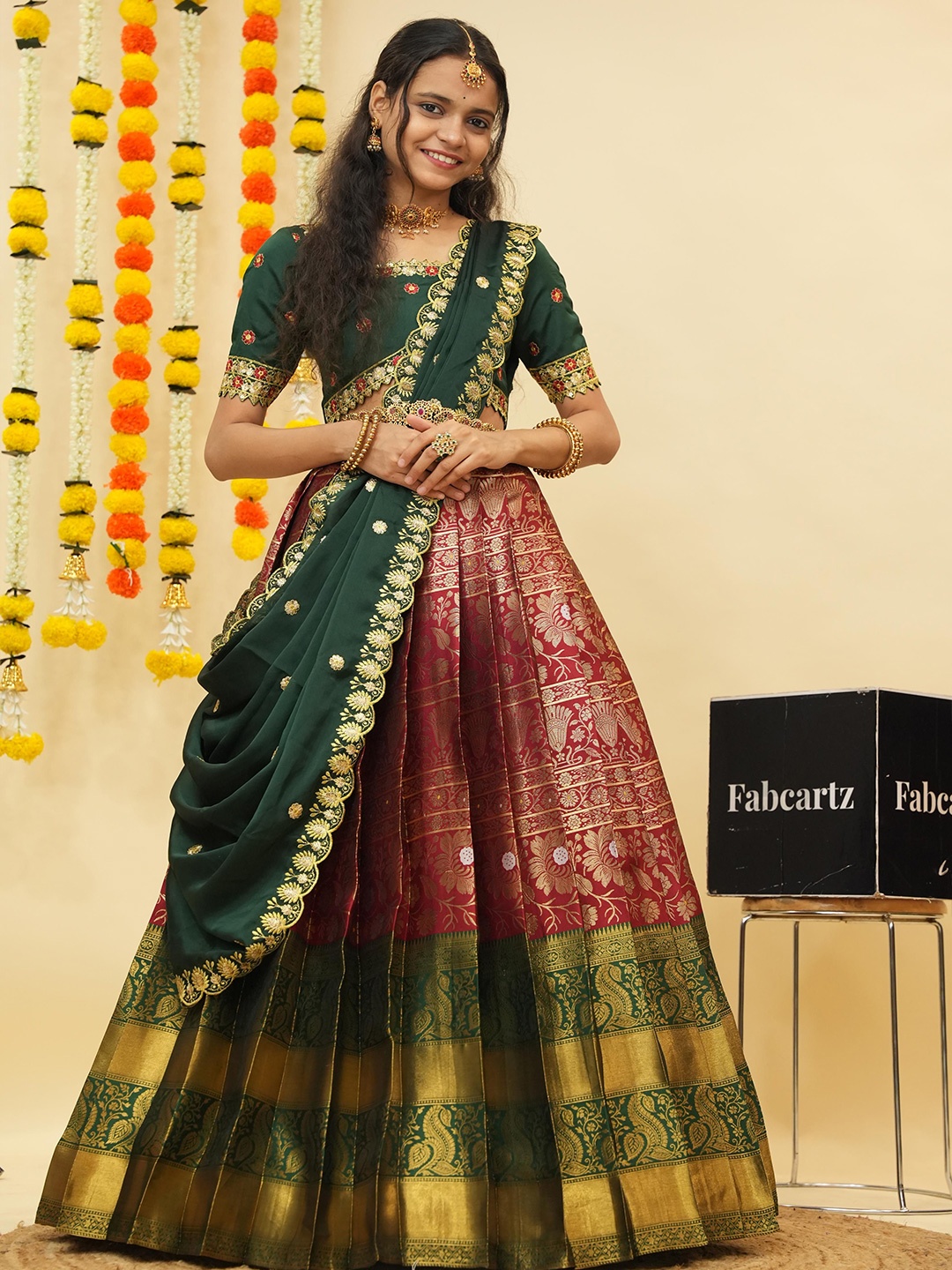 Fabcartz Embroidered Zari Semi-Stitched Lehenga & Unstitched Blouse With Dupatta, Maroon
Fabcartz Embroidered Zari Semi-Stitched Lehenga & Unstitched Blouse With Dupatta, Maroon
