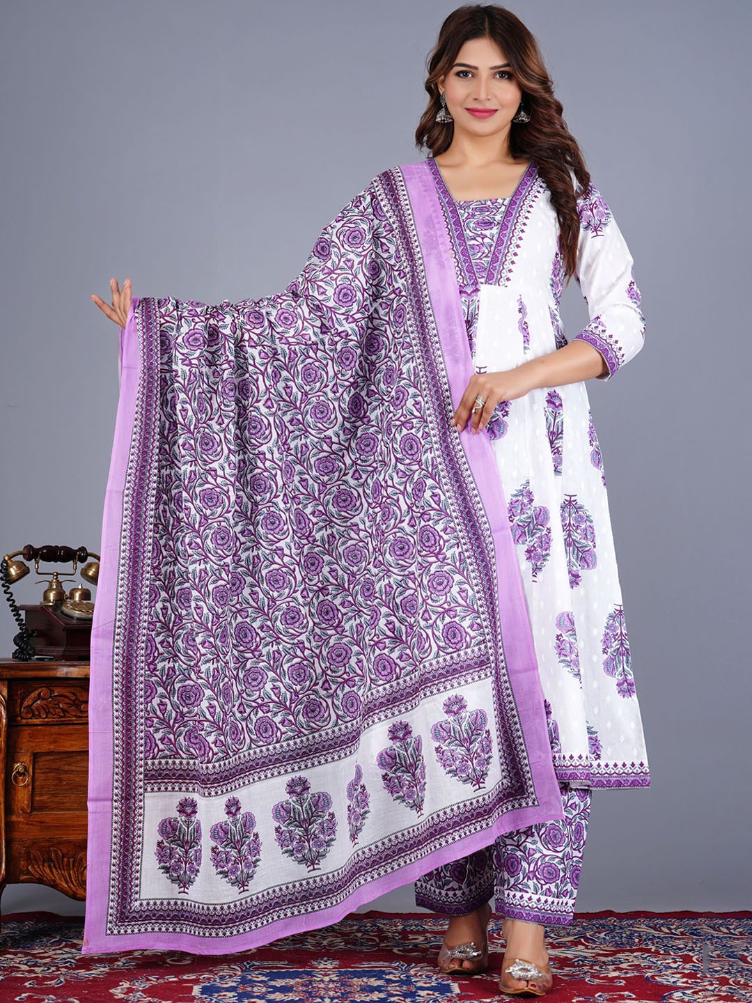 L.H HANDICRAFTS Floral Printed V-Neck Anarkali Pure Cotton Kurta with Palazzos And Dupatta, Purple
L.H HANDICRAFTS Floral Printed V-Neck Anarkali Pure Cotton Kurta with Palazzos And Dupatta, Purple