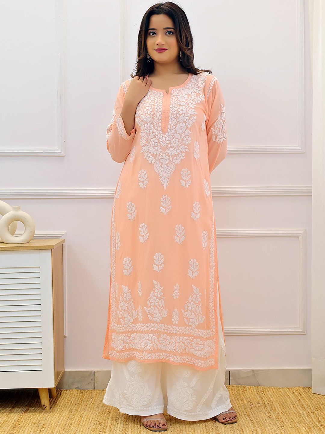 The Chikan Label Women Floral Embroidered Chikankari Modal Cotton Straight Kurta, Peach
The Chikan Label Women Floral Embroidered Chikankari Modal Cotton Straight Kurta, Peach