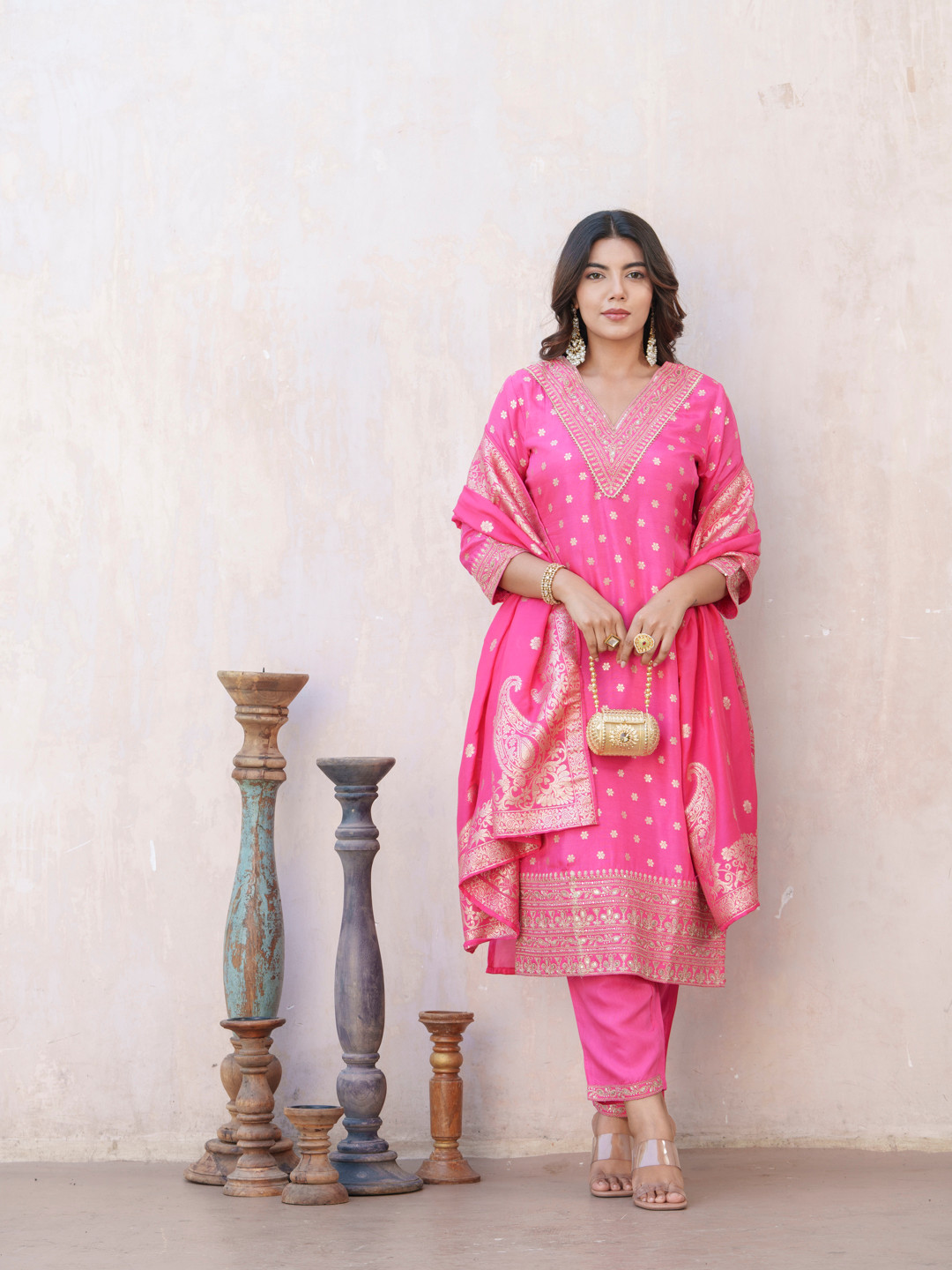 House of Pataudi Floral Embroidered V-Neck Straight Kurta With Trouser & Dupatta, Pink
House of Pataudi Floral Embroidered V-Neck Straight Kurta With Trouser & Dupatta, Pink