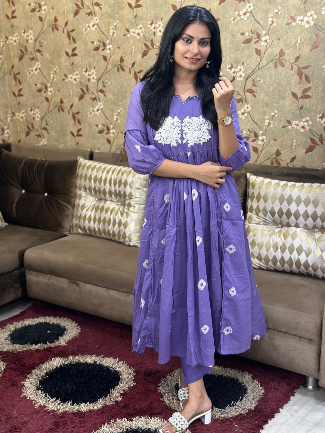 DIVASTRI Women Bandhani Printed Floral Embroidered Pleated Anarkali Kurta with Trousers, Purple
DIVASTRI Women Bandhani Printed Floral Embroidered Pleated Anarkali Kurta with Trousers, Purple