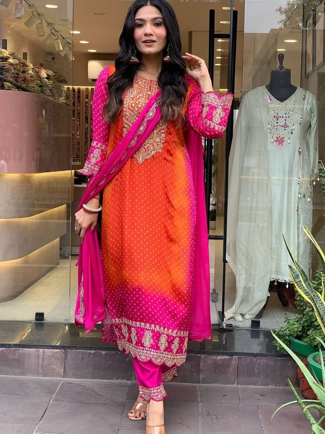 KALINI Floral Embroidered Mirror Work Straight Kurta With Trousers And Dupatta, Pink
KALINI Floral Embroidered Mirror Work Straight Kurta With Trousers And Dupatta, Pink