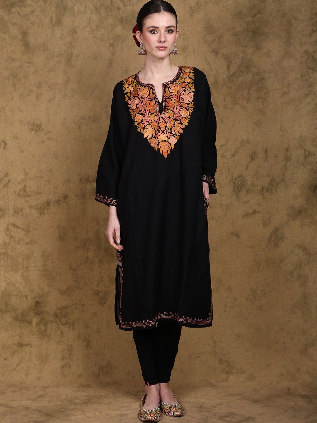 Exotic India Women Ethnic Motifs Embroidered Flared Sleeves Floral Woollen Kurta, Black
Exotic India Women Ethnic Motifs Embroidered Flared Sleeves Floral Woollen Kurta, Black