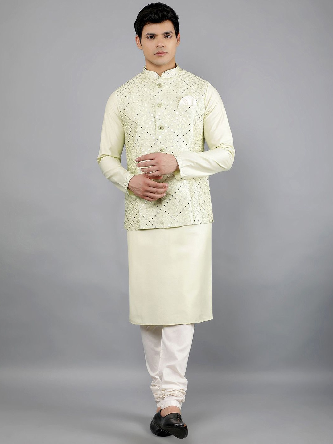 Manish Creations Mandarin Collar Straight Kurta With Churidar And Nehru Jacket, Sea green
Manish Creations Mandarin Collar Straight Kurta With Churidar And Nehru Jacket, Sea green