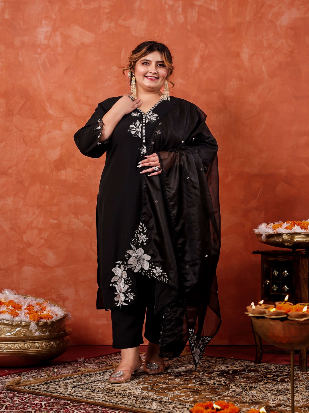 LALI JAIPUR Plus Size Floral Embroidered Mirror Work Kurta With Trousers And Dupatta, Black
LALI JAIPUR Plus Size Floral Embroidered Mirror Work Kurta With Trousers And Dupatta, Black
