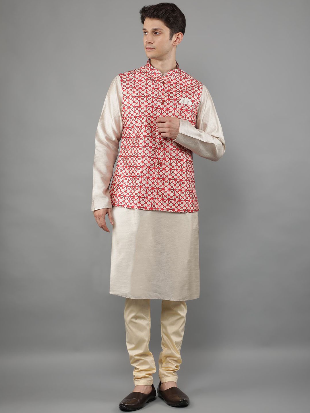 Manish Creations Mandarin Collar Straight Kurta With Churidar And Nehru Jacket, Red
Manish Creations Mandarin Collar Straight Kurta With Churidar And Nehru Jacket, Red