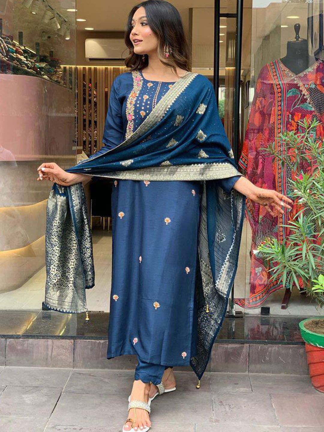 KALINI Floral Embroidered Round Neck Straight Kurta With Trousers And Dupatta, Navy blue
KALINI Floral Embroidered Round Neck Straight Kurta With Trousers And Dupatta, Navy blue