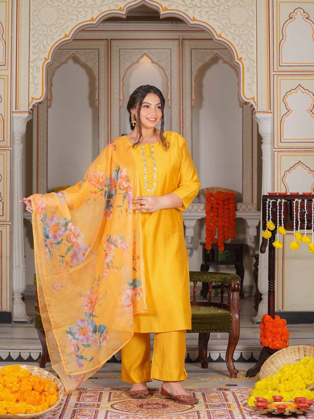 LALI JAIPUR Floral Yoke Design Gotta Patti Kurta With Trousers And Dupatta, Yellow
LALI JAIPUR Floral Yoke Design Gotta Patti Kurta With Trousers And Dupatta, Yellow