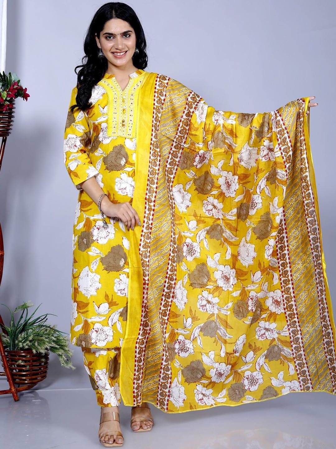KALINI Floral Printed Mandarin Collar Pure Cotton Straight Kurta With Salwar And Dupatta, Yellow
KALINI Floral Printed Mandarin Collar Pure Cotton Straight Kurta With Salwar And Dupatta, Yellow
