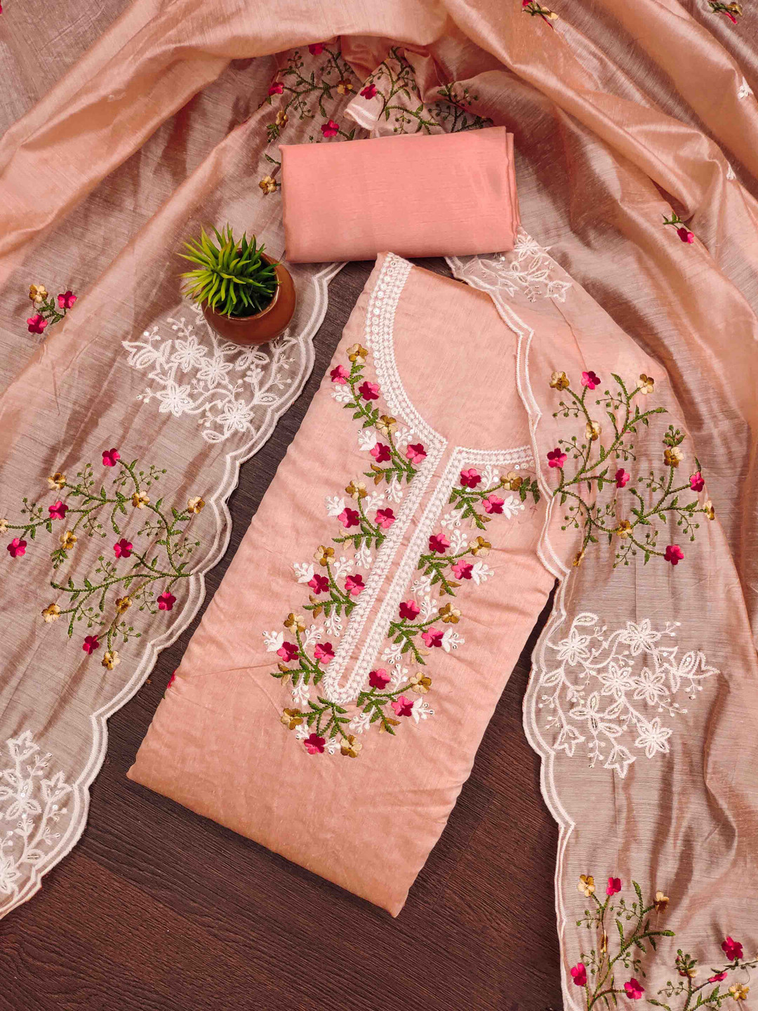 Blissta Floral Embroidered Chanderi Cotton Unstitched Dress Material, Peach 
Blissta Floral Embroidered Chanderi Cotton Unstitched Dress Material, Peach