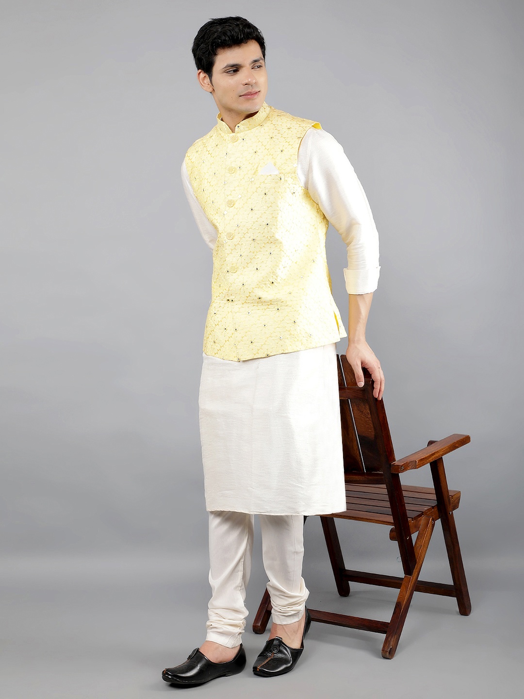 Manish Creations Mandarin Collar Straight Kurta With Churidar And Nehru Jacket, Yellow
Manish Creations Mandarin Collar Straight Kurta With Churidar And Nehru Jacket, Yellow