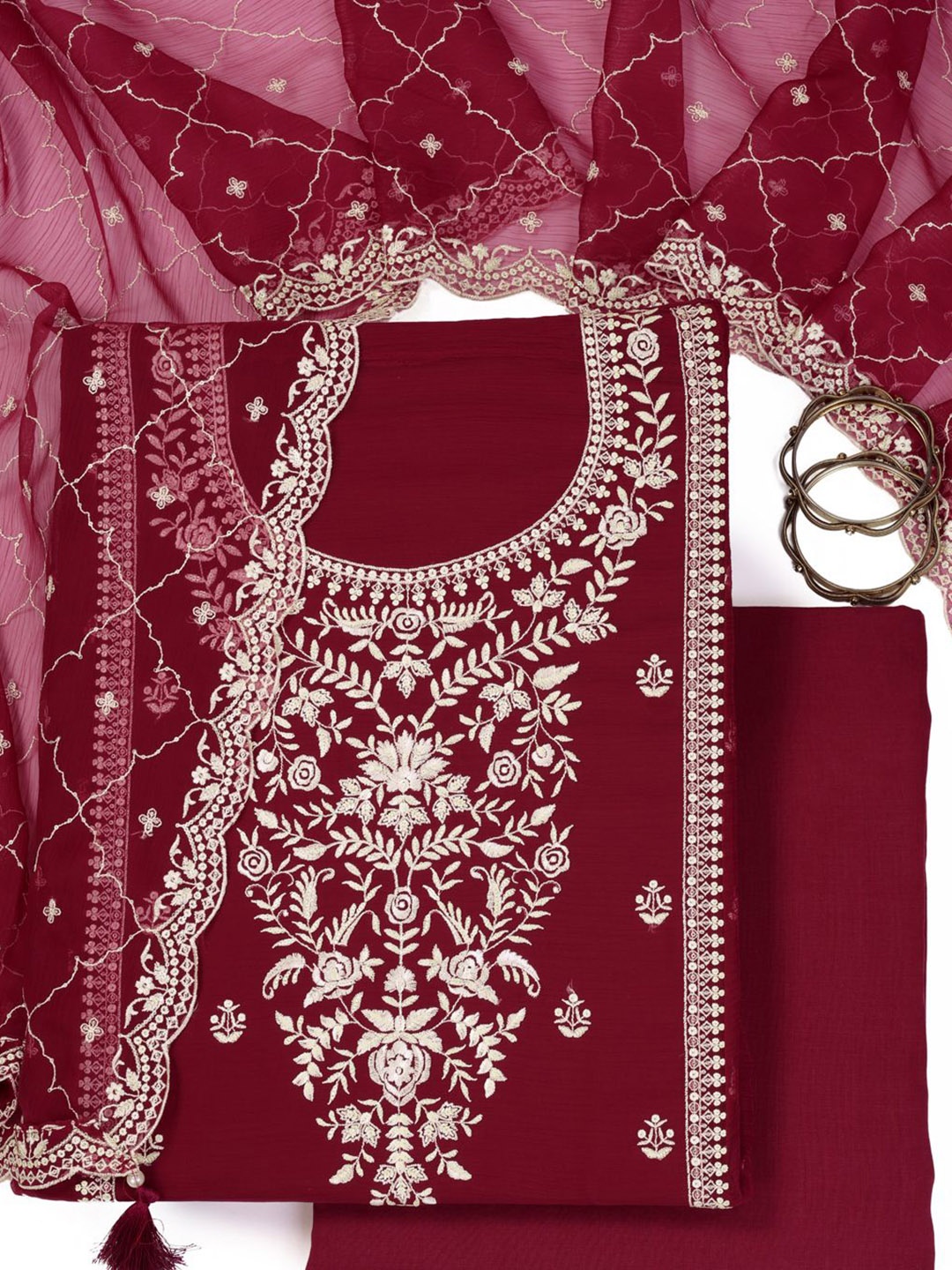 KULEESH Ethnic Motifs Embroidered Sequinned Silk Chiffon Semi-Stitched Dress Material, Maroon
KULEESH Ethnic Motifs Embroidered Sequinned Silk Chiffon Semi-Stitched Dress Material, Maroon