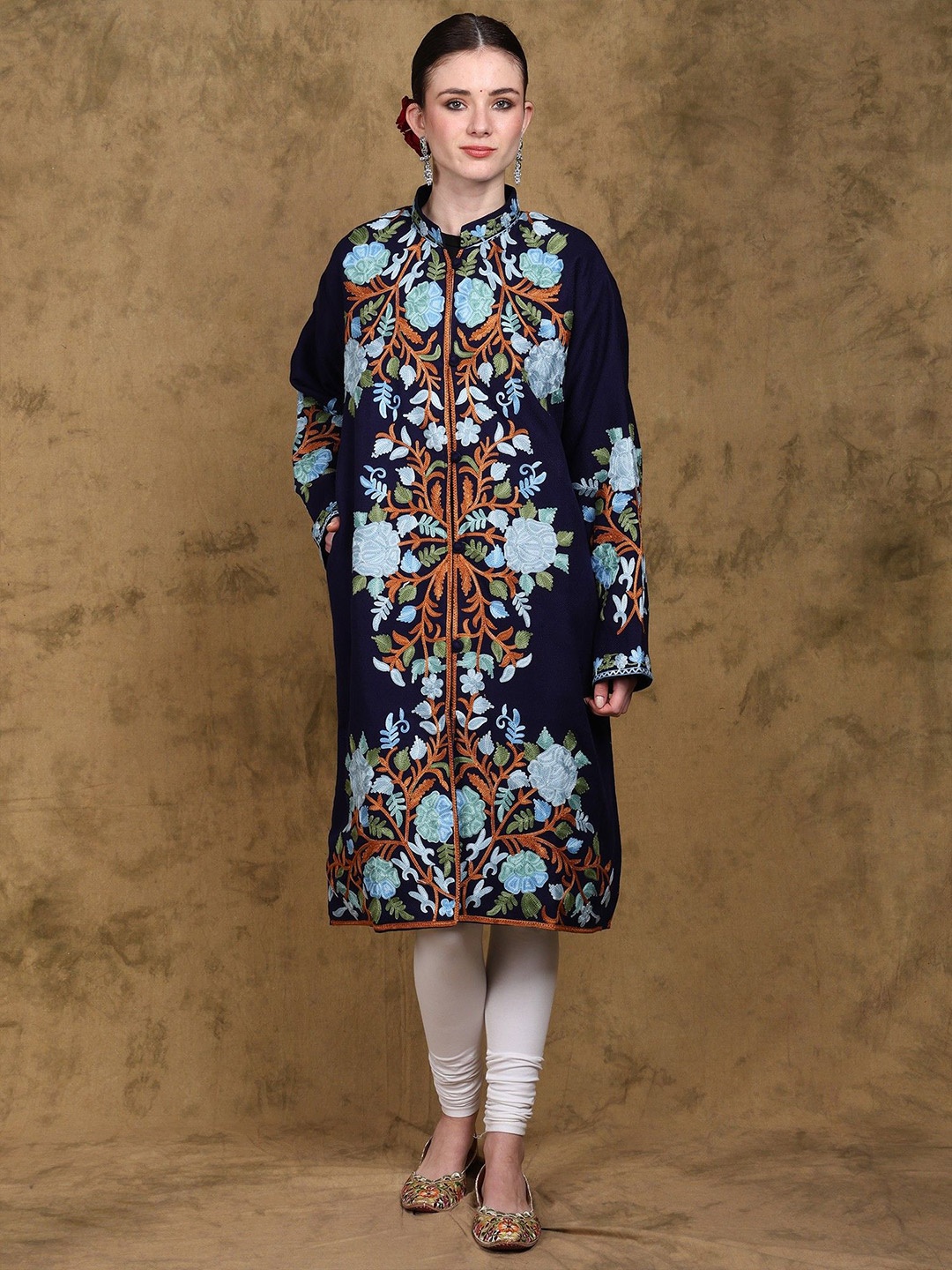 Exotic India Wool Kashmiri Long Jacket with Multicolor Aari Embroidered Floral Motifs, Blue
Exotic India Wool Kashmiri Long Jacket with Multicolor Aari Embroidered Floral Motifs, Blue
