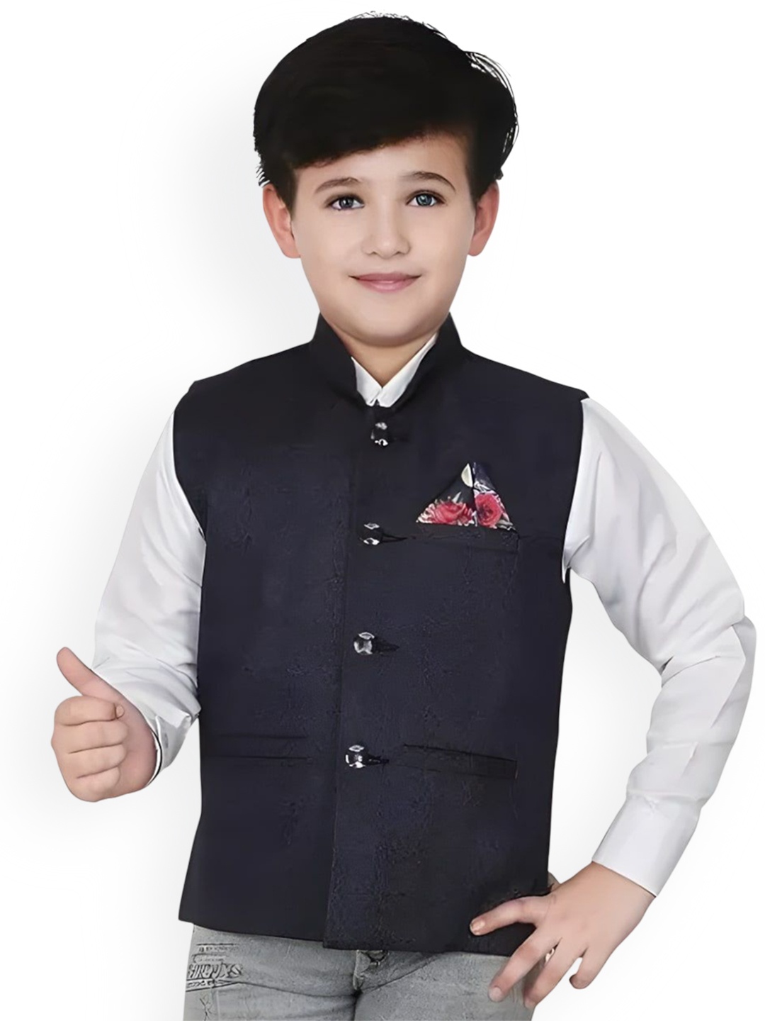 Qitty Boys Stand Collar Sleeveless Cotton Jute Nehru Jacket With Pocket Square, Navy blue
Qitty Boys Stand Collar Sleeveless Cotton Jute Nehru Jacket With Pocket Square, Navy blue