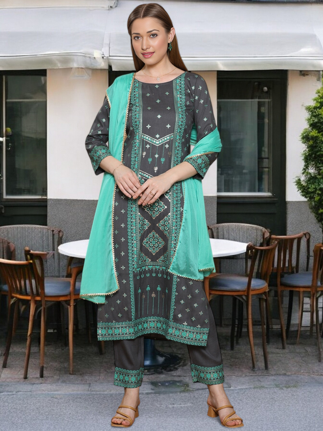 True Shape Ethnic Motifs Printed Round Neck Cotton Straight Kurta With Trouser & Dupatta, Grey
True Shape Ethnic Motifs Printed Round Neck Cotton Straight Kurta With Trouser & Dupatta, Grey