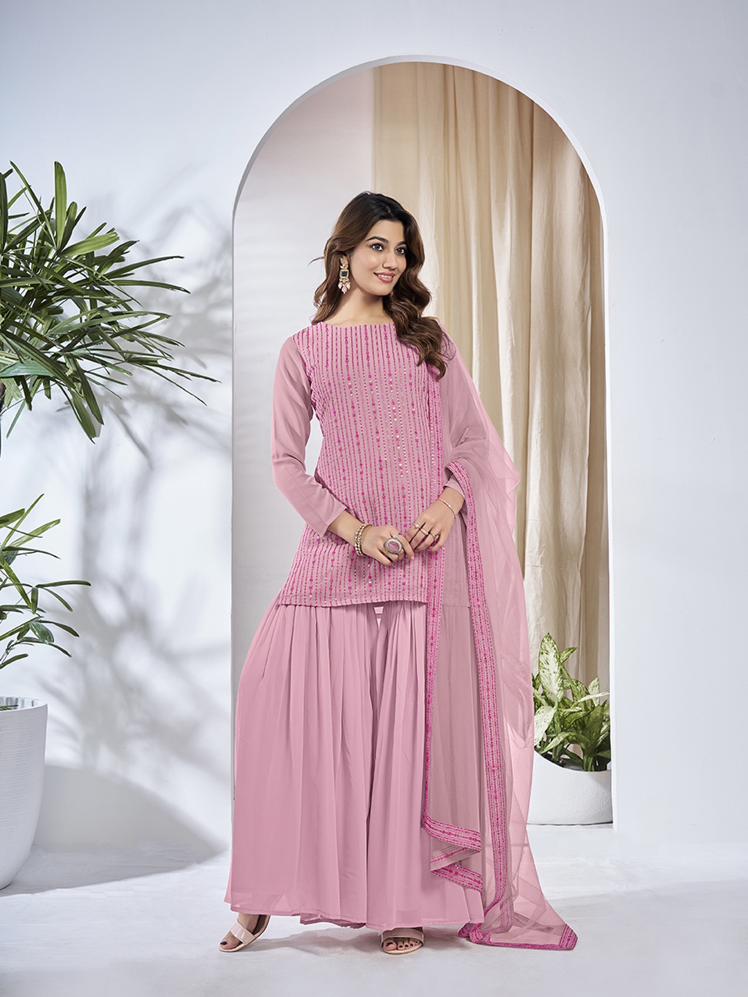 Inddus Ethnic Motifs Embroidered Sequinned Georgette Kurta With Sharara And Dupatta, Pink
Inddus Ethnic Motifs Embroidered Sequinned Georgette Kurta With Sharara And Dupatta, Pink