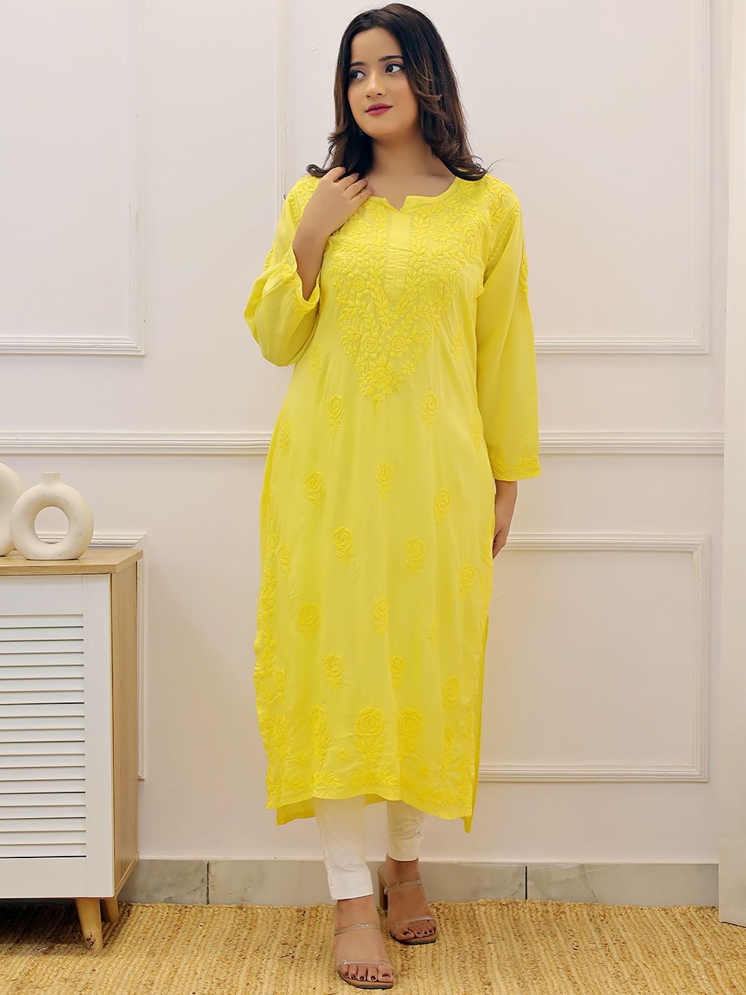 The Chikan Label Women Floral Embroidered Chikankari Modal Cotton Straight Kurta, Yellow
The Chikan Label Women Floral Embroidered Chikankari Modal Cotton Straight Kurta, Yellow