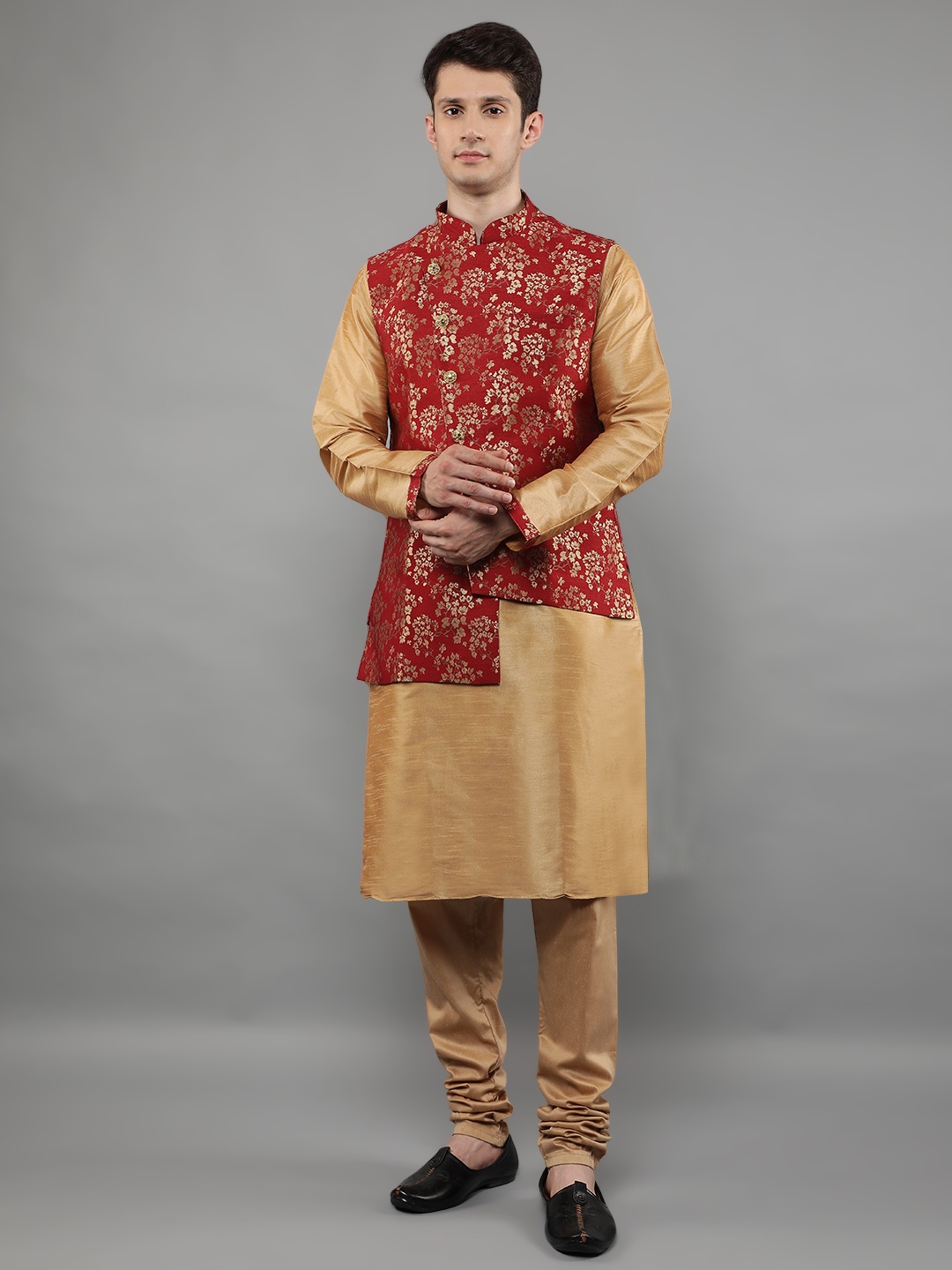 Manish Creations Mandarin Collar Jacquard Straight Kurta With Churidar And Nehru Jacket, Beige
Manish Creations Mandarin Collar Jacquard Straight Kurta With Churidar And Nehru Jacket, Beige
