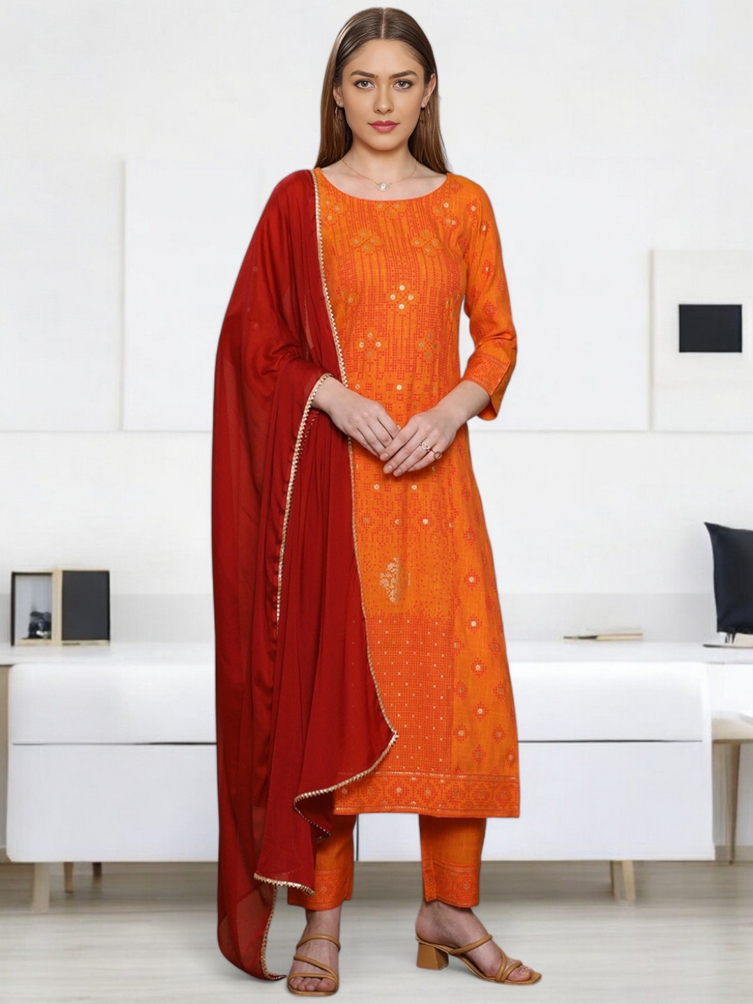 Jeff co-op Geometric Printed Sequinned Round Neck Kurta With Trousers & Dupatta, Orange
Jeff co-op Geometric Printed Sequinned Round Neck Kurta With Trousers & Dupatta, Orange