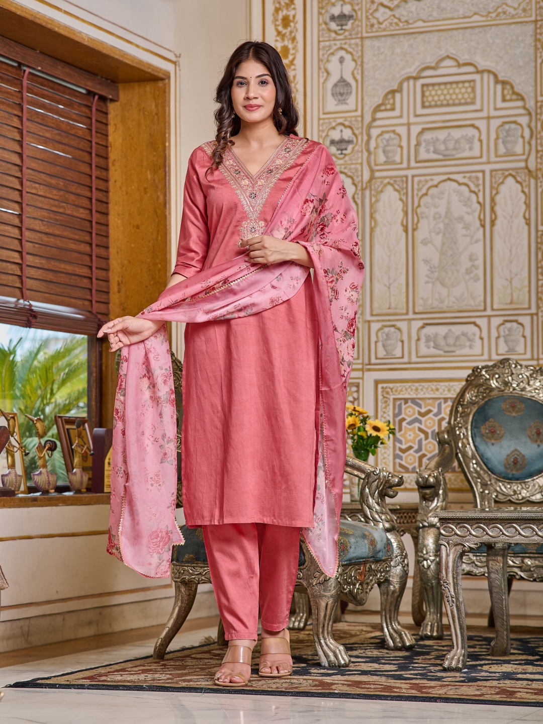 RV CREATION Floral Yoke Design V-Neck Chanderi Silk Straight Kurta With Trouser & Dupatta, Pink
RV CREATION Floral Yoke Design V-Neck Chanderi Silk Straight Kurta With Trouser & Dupatta, Pink