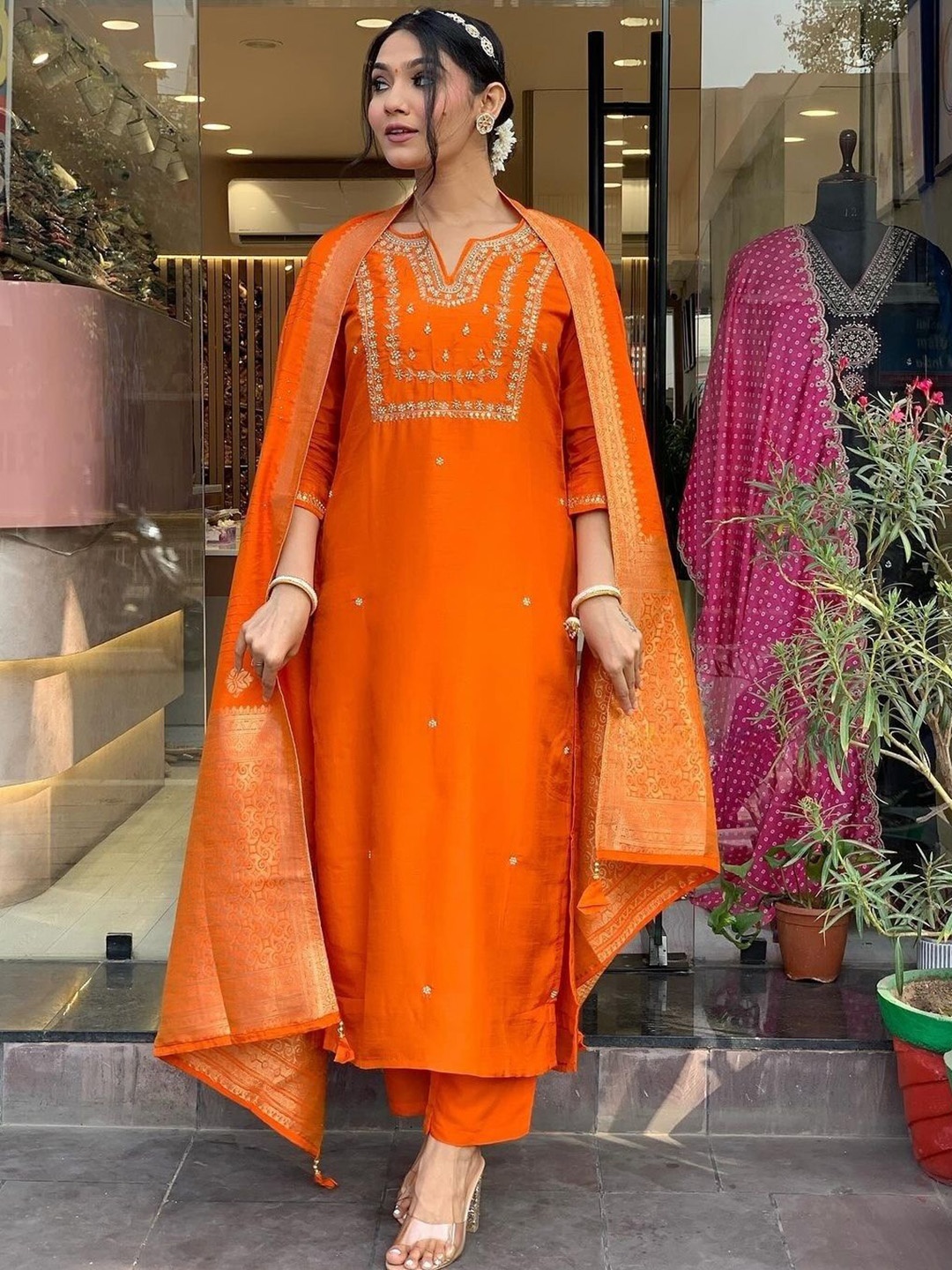 KALINI Notch-Neck Floral Embroidered Pure Cotton Straight Kurta With Trousers And Dupatta, Orange
KALINI Notch-Neck Floral Embroidered Pure Cotton Straight Kurta With Trousers And Dupatta, Orange