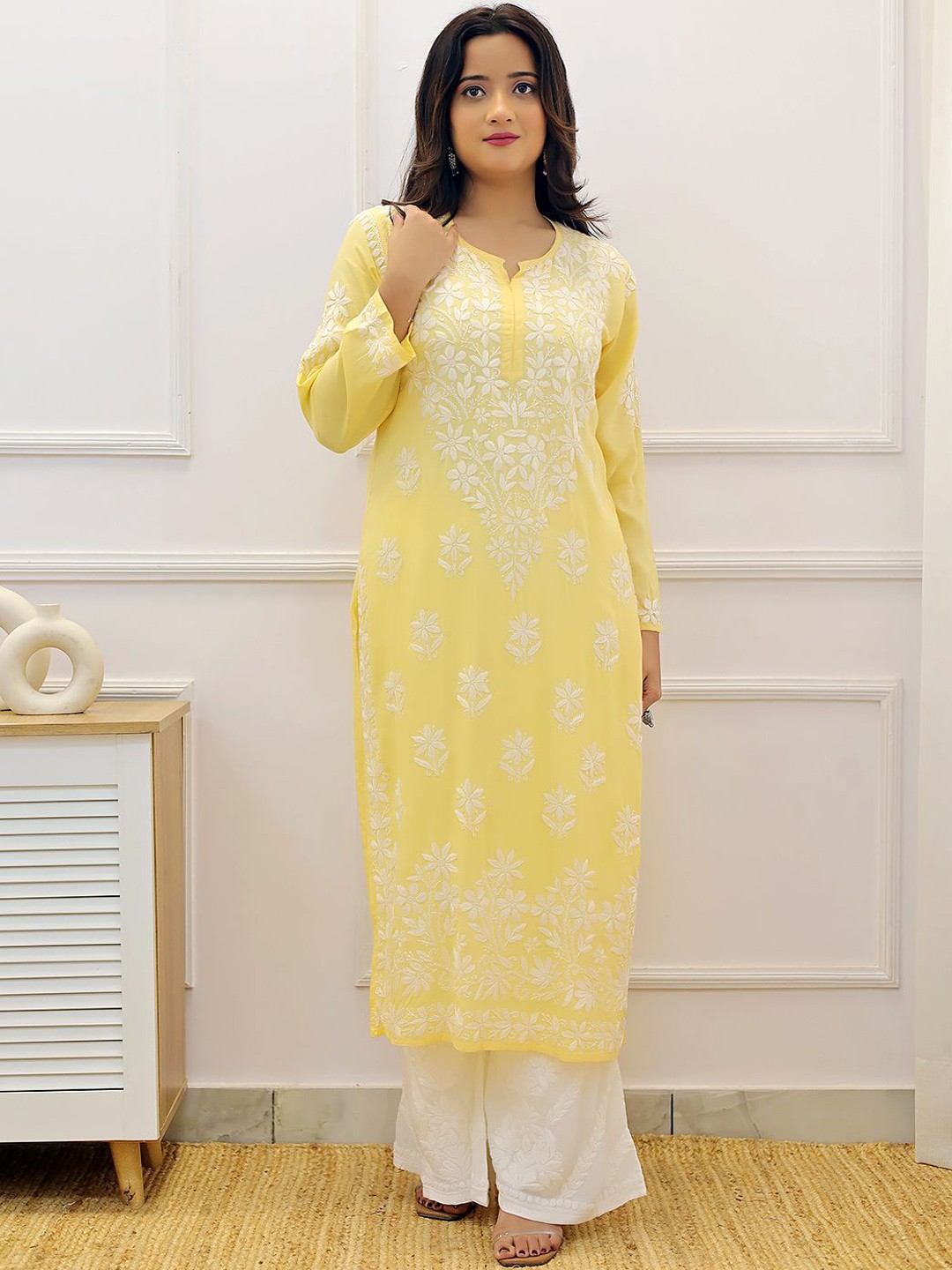 The Chikan Label Women Floral Embroidered Chikankari Round Neck Straight Kurta, Yellow
The Chikan Label Women Floral Embroidered Chikankari Round Neck Straight Kurta, Yellow