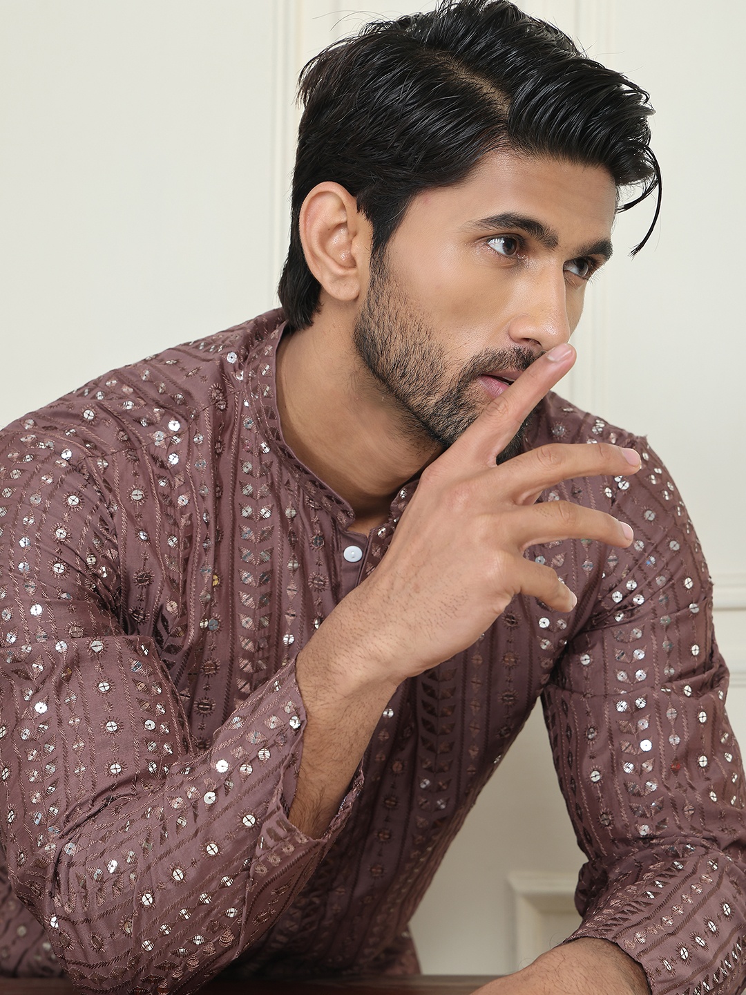 Jompers Men Floral Embroidered Mirror Work Mandarin Collar Straight Kurta with Pyjamas, Coffee brown
Jompers Men Floral Embroidered Mirror Work Mandarin Collar Straight Kurta with Pyjamas, Coffee brown