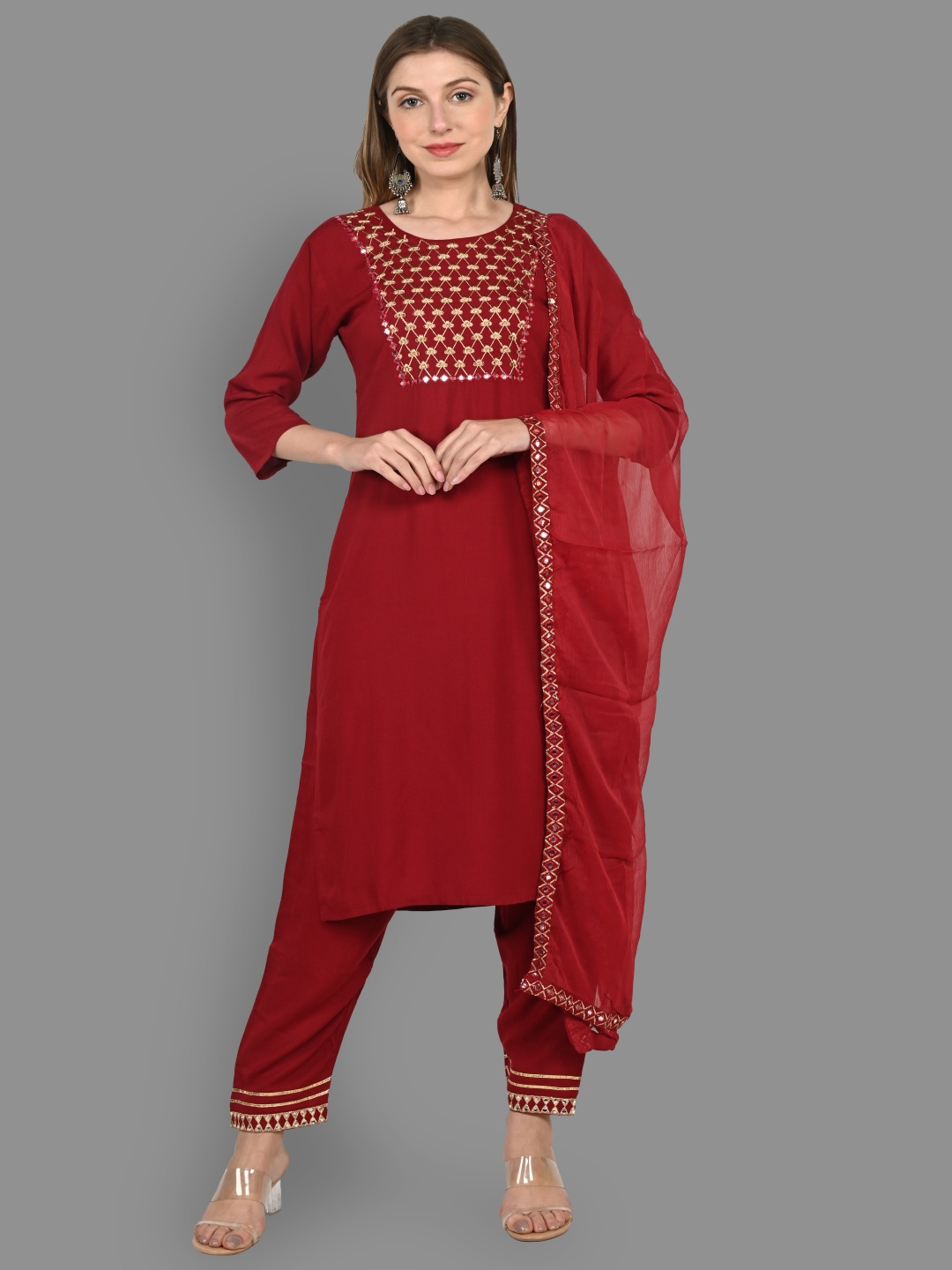 Moda Rapido Floral Yoke Design Mirror Work Straight Kurta With Trousers And Dupatta, Red
Moda Rapido Floral Yoke Design Mirror Work Straight Kurta With Trousers And Dupatta, Red