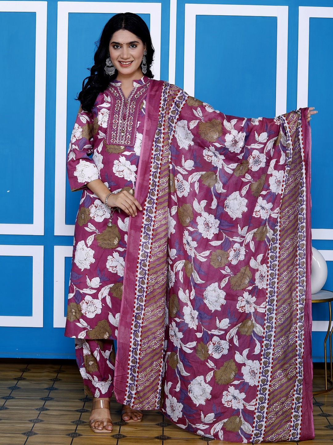 KALINI Floral Printed Mandarin Collar Straight Pure Cotton Kurta With Salwar And Dupatta, Pink
KALINI Floral Printed Mandarin Collar Straight Pure Cotton Kurta With Salwar And Dupatta, Pink