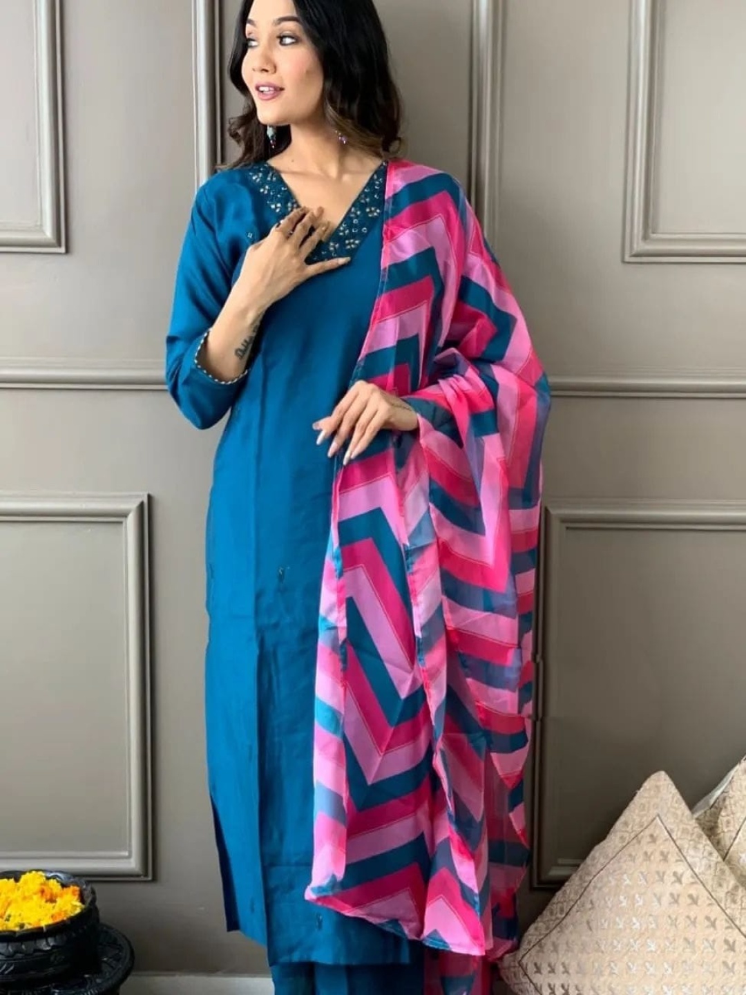 choiceit Floral Embroidered V Neck Mirror Wrok Kurta With Trouser And Dupatta, Blue
choiceit Floral Embroidered V Neck Mirror Wrok Kurta With Trouser And Dupatta, Blue