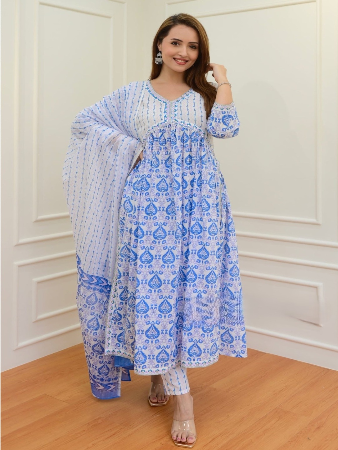 Shedika Floral Printed V-Neck Anarkali Pure Cotton Kurta With Trousers And Dupatta, Blue
Shedika Floral Printed V-Neck Anarkali Pure Cotton Kurta With Trousers And Dupatta, Blue