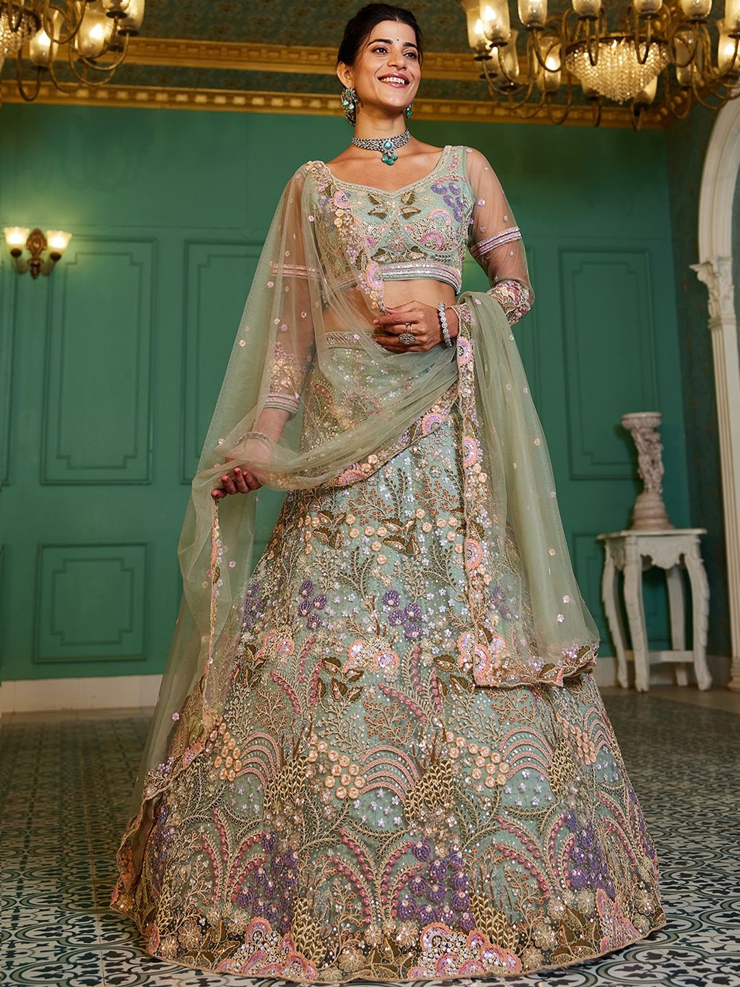 panchhi Embroidered Sequinned Semi-Stitched Lehenga & Unstitched Blouse With Dupatta, Lime green
panchhi Embroidered Sequinned Semi-Stitched Lehenga & Unstitched Blouse With Dupatta, Lime green