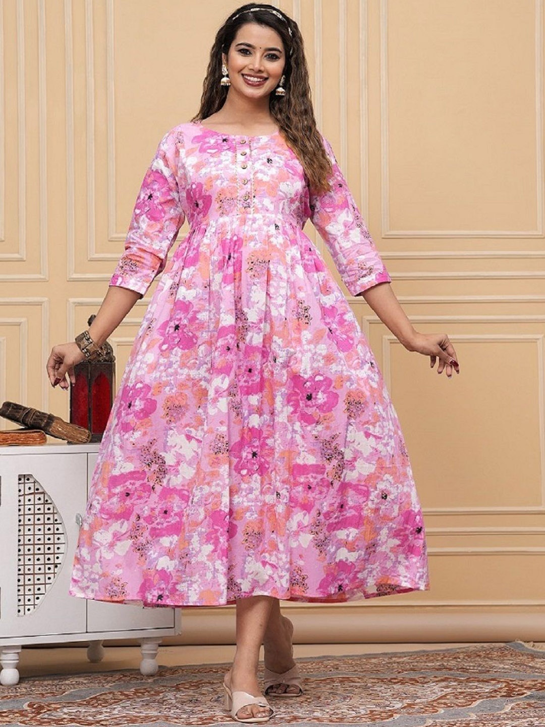 Nevisha Style Floral Printed Pleated Gotta Patti Maternity Cotton Anarkali Kurta, Pink
Nevisha Style Floral Printed Pleated Gotta Patti Maternity Cotton Anarkali Kurta, Pink