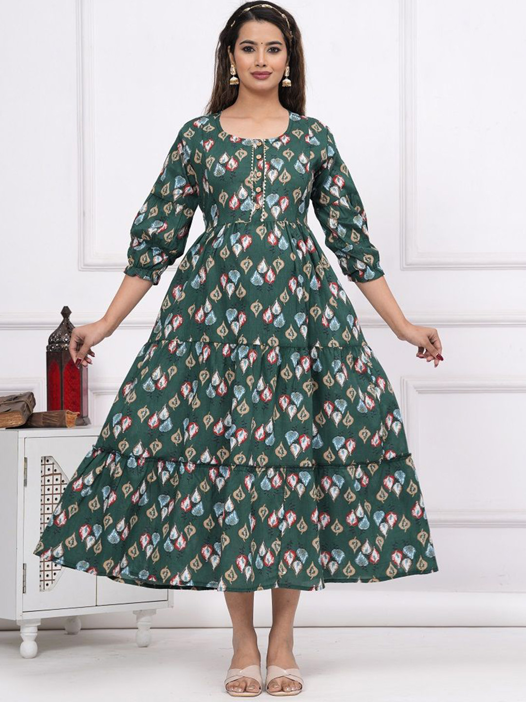 Nevisha Style Floral Printed Tiered Gotta Patti Maternity Cotton Fit and Flare Dress, Green
Nevisha Style Floral Printed Tiered Gotta Patti Maternity Cotton Fit and Flare Dress, Green