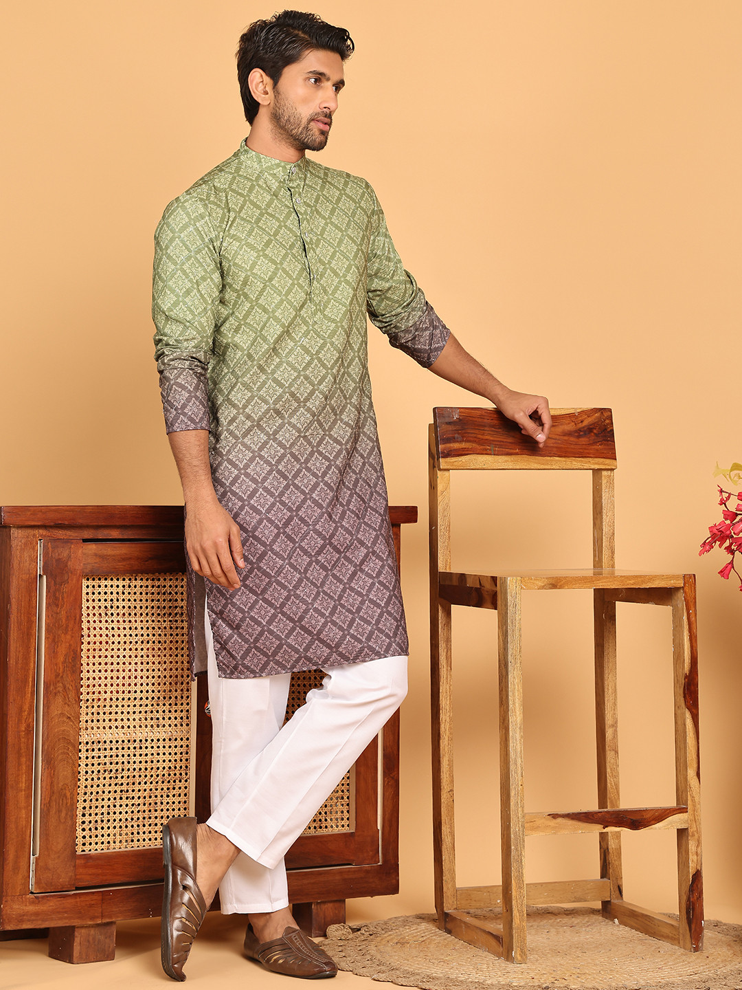Jompers Ombre Printed Mandarin Collar Straight Kurta With Pyjamas, Olive 
Jompers Ombre Printed Mandarin Collar Straight Kurta With Pyjamas, Olive