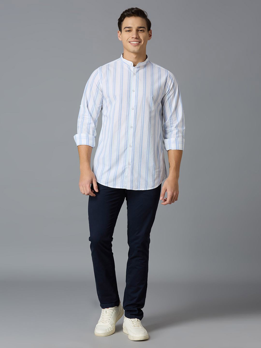 Reid & Taylor Men India Slim Fit Band Collar Vertical Striped Cotton Casual Shirt, White
Reid & Taylor Men India Slim Fit Band Collar Vertical Striped Cotton Casual Shirt, White