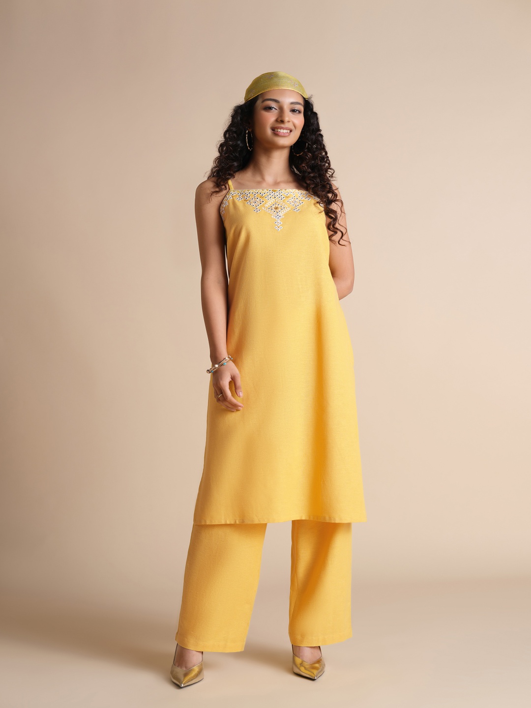 Global Desi Women Geometric Embroidered Square Neck Mirror Work Kurta with Trousers, Mustard
Global Desi Women Geometric Embroidered Square Neck Mirror Work Kurta with Trousers, Mustard