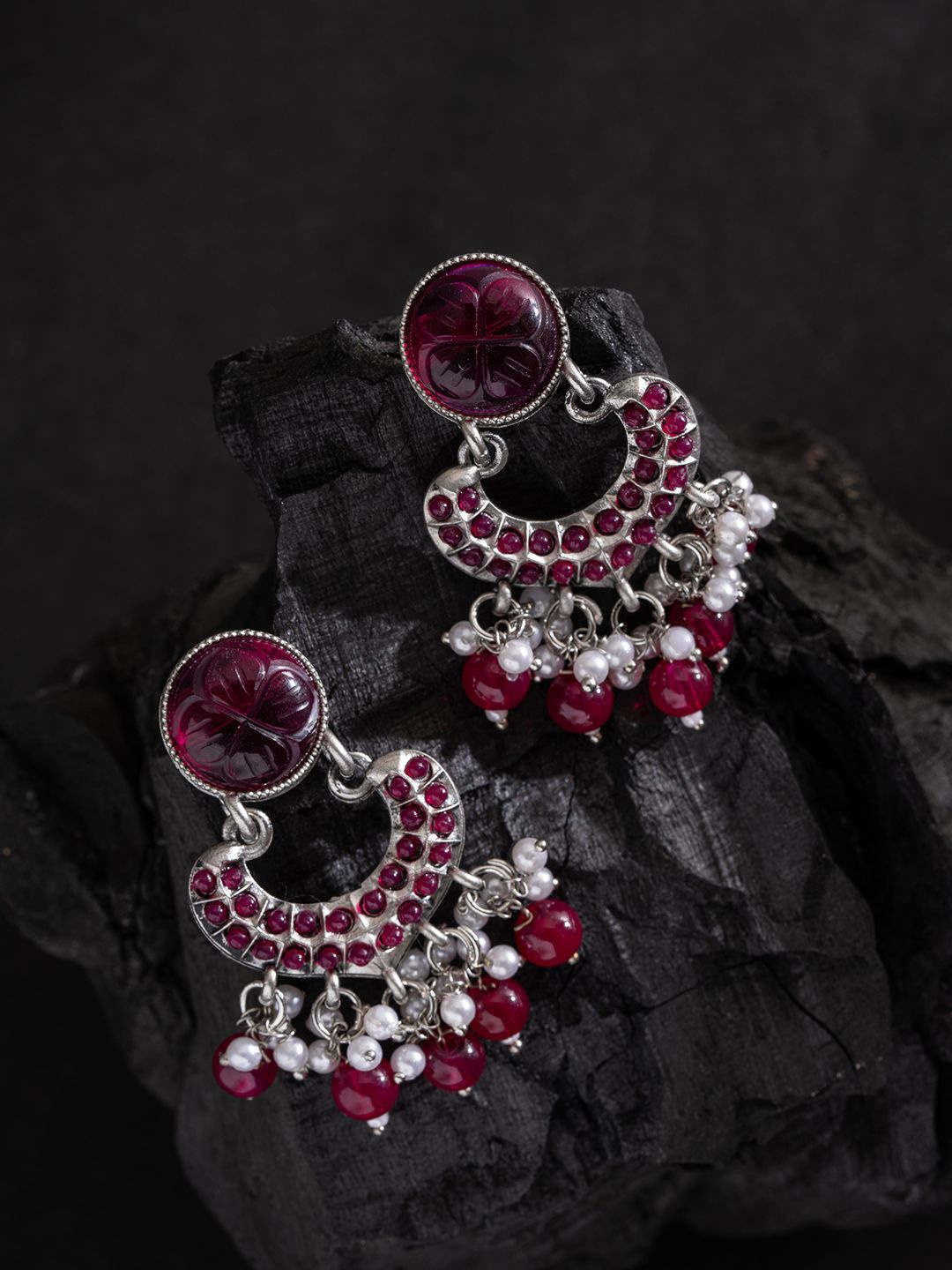 PANASH Silver-Plated Stones Studded And Beaded Contemporary Shaped Oxidized Drop Earrings
PANASH Silver-Plated Stones Studded And Beaded Contemporary Shaped Oxidized Drop Earrings