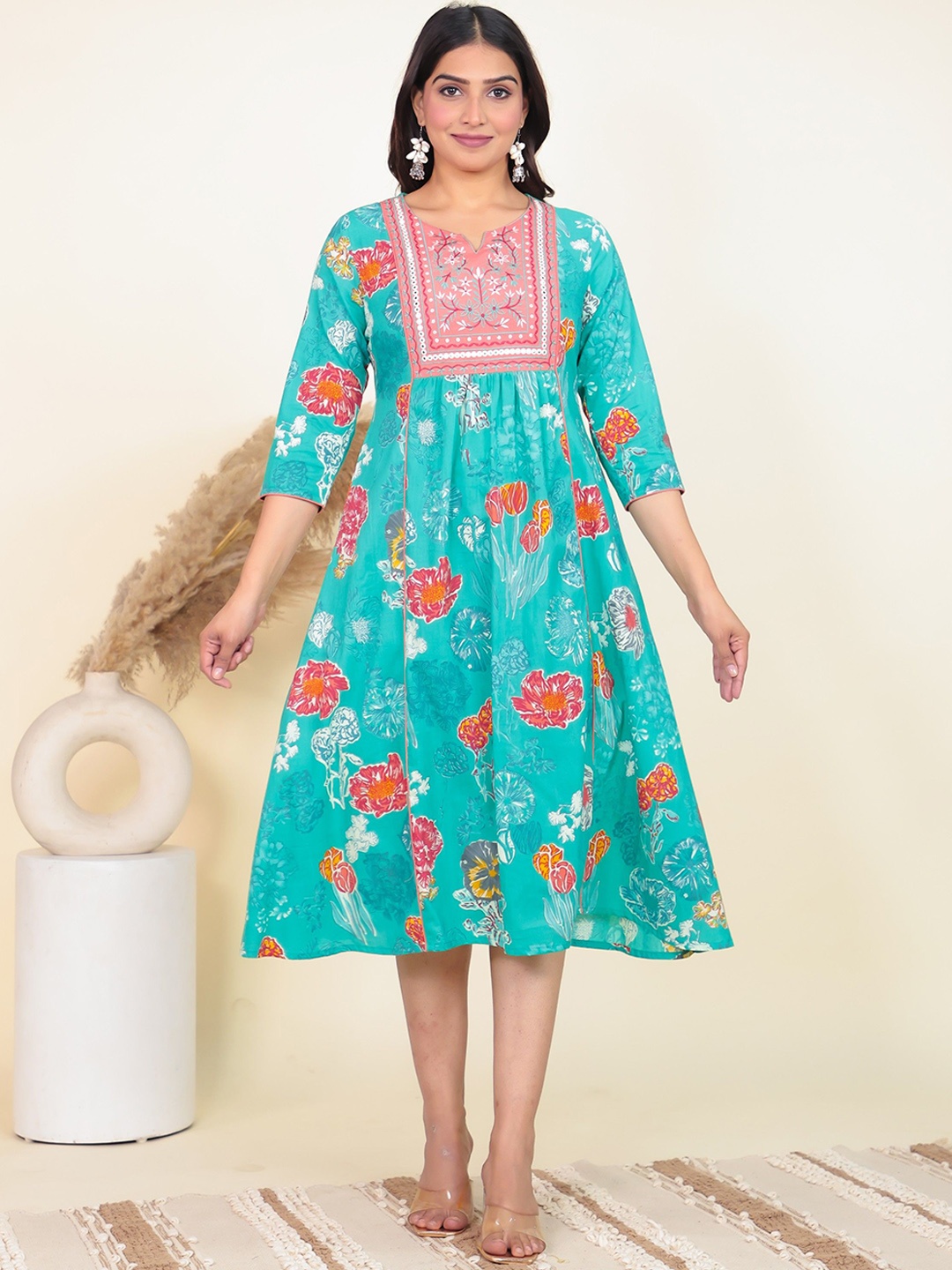 Aramya Floral Printed Notch Neck Mirror Work Pure Cotton A-Line Ethnic Dress, Green
Aramya Floral Printed Notch Neck Mirror Work Pure Cotton A-Line Ethnic Dress, Green