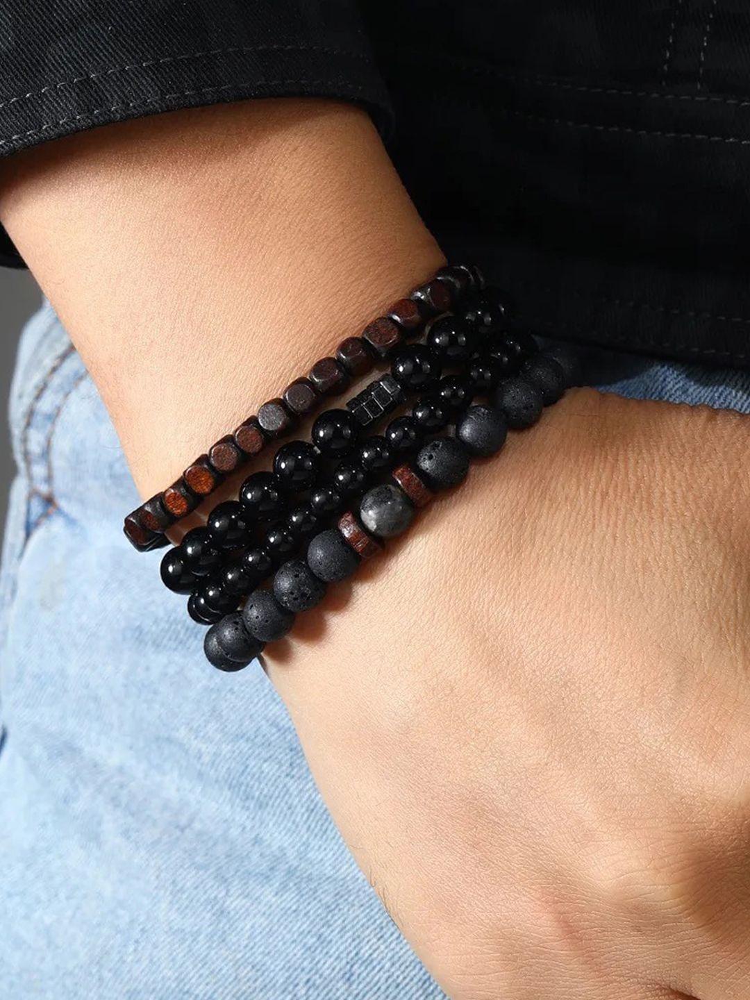 Jewels Galaxy Men Set Of 4 Silver-Plated Artificial Beaded Multistrand Bracelet, Black
Jewels Galaxy Men Set Of 4 Silver-Plated Artificial Beaded Multistrand Bracelet, Black