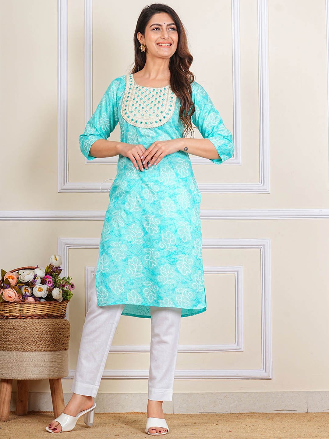 Moda Rapido Floral Printed Mirror Work Embroidered Round Neck Straight Pure Cotton Kurta, Turquoise blue
Moda Rapido Floral Printed Mirror Work Embroidered Round Neck Straight Pure Cotton Kurta, Turquoise blue